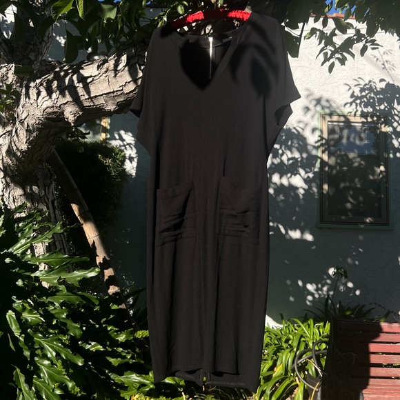 Apiece Apart Black V-Neck Linen-Blend Dress with Front Pockets | Dolman Sleeves - Picture 9 of 10